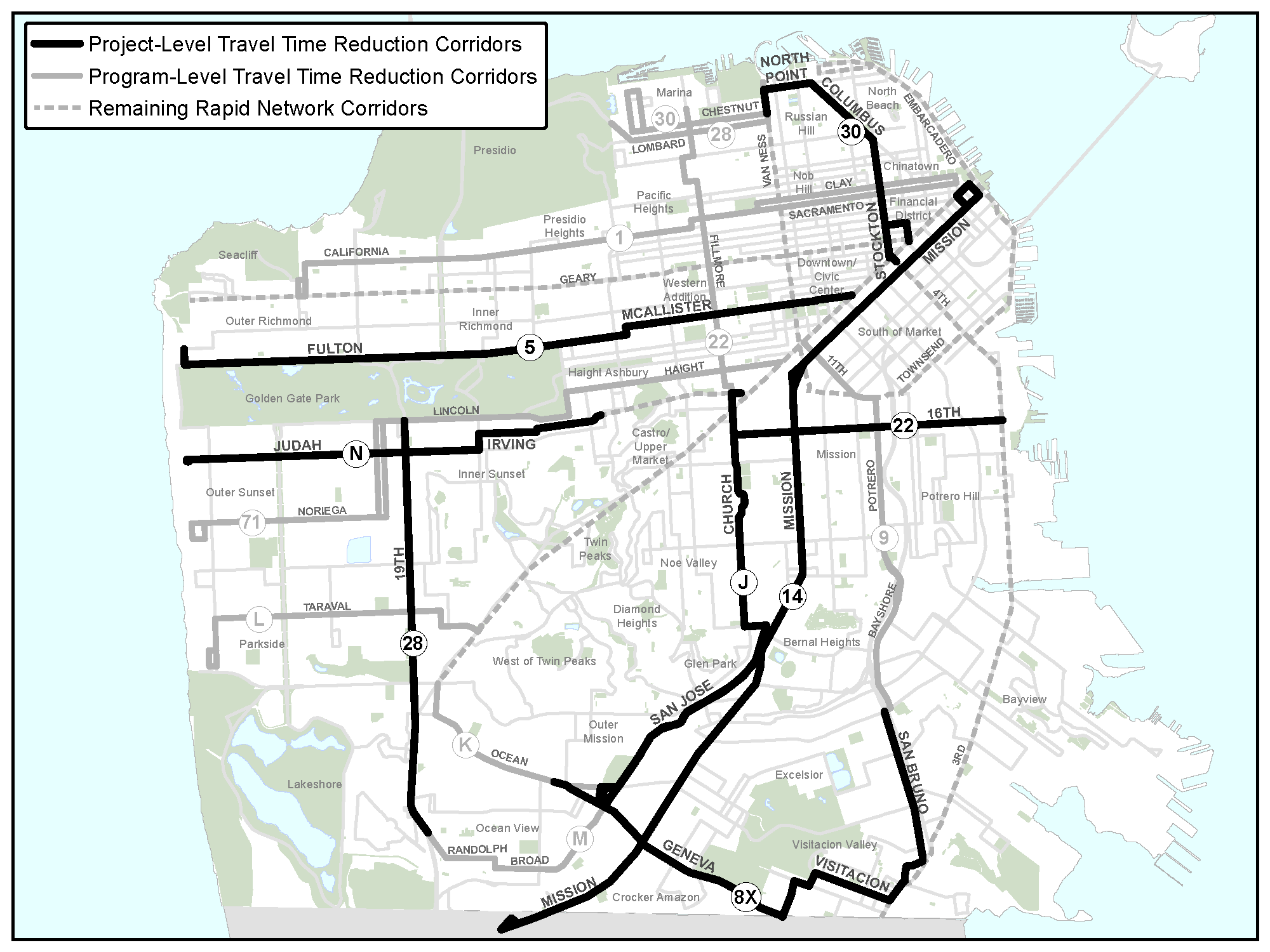 Map of San Francisco. The corridors that are part of the proposal are highlighted in red.
