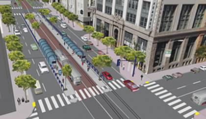 Computer generated simulation of Van Ness bus rapid transit vehicle and station.