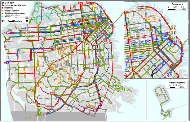 Map of the City of San Francisco with identified TEP route changes