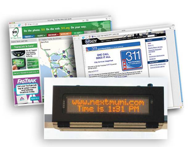 photos of 511 website, 311 website and nextmuni real-time vehicle arrival display