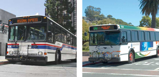 photos of two regional transportation agency vehicles: 1) SamTrans bus and 2) Golden Gate Transit bus
