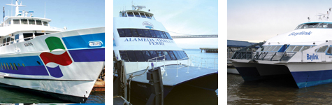 photos of three regional ferry service agencies: 1) Alameda / Harbor Bay  ferry; 2) Alameda / Oakland ferry; and 3) Vallejo / Baylink ferry